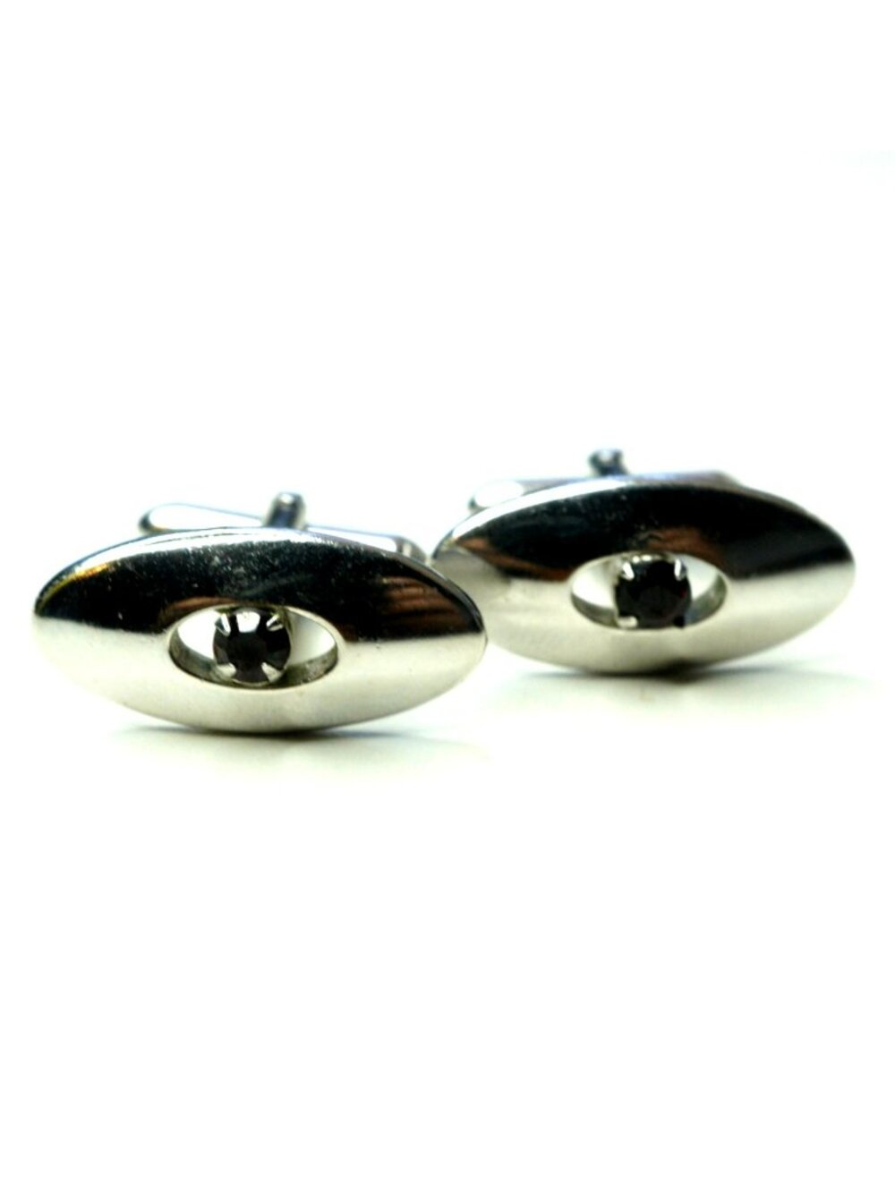 Vintage Swank Silver-Tone Dark Red Rhinestone Oval Cufflinks Mid-Century